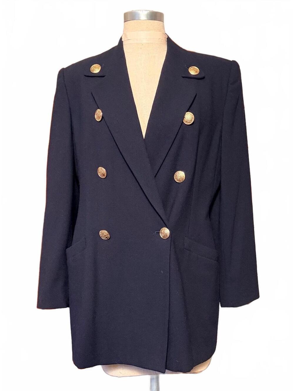 Vintage Linda Allard Ellen Tracy Wool Blazer 14 Navy Gold Crest Buttons 80s
